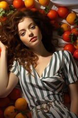 Fototapeta na wymiar A fashion-forward woman indulging in the natural beauty of local, whole foods as she rests upon a bed of vibrant citrus oranges, showcasing the perfect blend of style and wellness