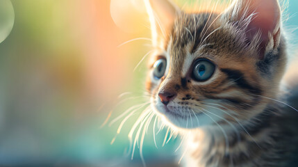 Close up domestic Cat on blurred background Looking away, kitten, copy space. Background wallpaper.  - obrazy, fototapety, plakaty