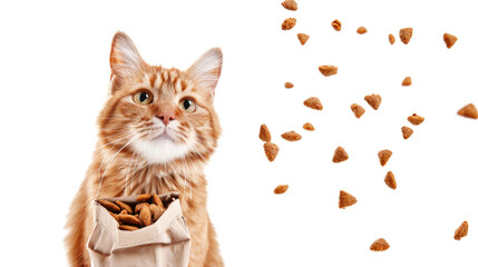 A funny cat with beautiful big eyes looks at dry cat food that is falling (flying) on a white background. The concept of healthy food for cats.