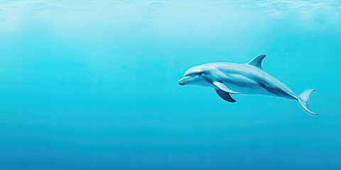 Dolphin swimming underwater in clear blue sea.