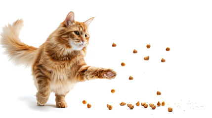 A happy, bouncing cat plays with dry cat food that falls on a white background. The concept of healthy food for cats.