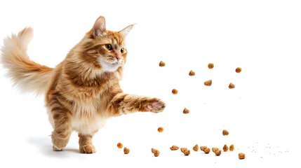 Foto op Plexiglas A happy, bouncing cat plays with dry cat food that falls on a white background. The concept of healthy food for cats. © Елена Тиханович