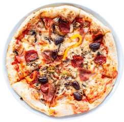 Topview of delicious pizza with salami, champignon mushrooms, tomatoes, mozzarella, peppers and...
