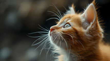 Close up domestic Cat on blurred background Looks up, kitten, copy space. Background wallpaper. 