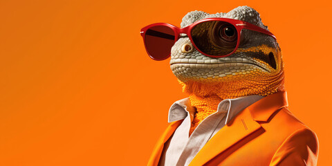 Iguana in red sunglasses and orange suit.