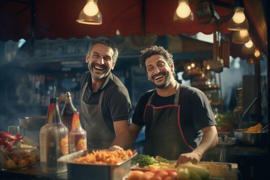 Two chefs laughing together at a vibrant street food stall