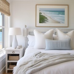 Fototapeta na wymiar Coastal cottage bedroom with a serene white bed and beachy elements