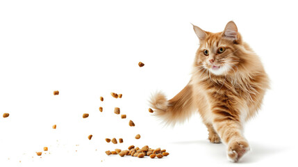 A happy, bouncing cat plays with dry cat food that falls on a white background. The concept of healthy food for cats.
