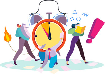 Tiny business team overwhelmed by huge alarm clock symbolizing time pressure. Office workers facing tight deadline with stress and urgency displayed. Cartoon characters in a race against time