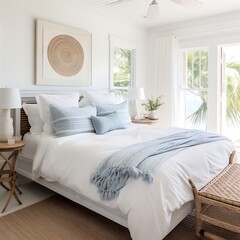 Coastal cottage bedroom with a serene white bed and beachy elements