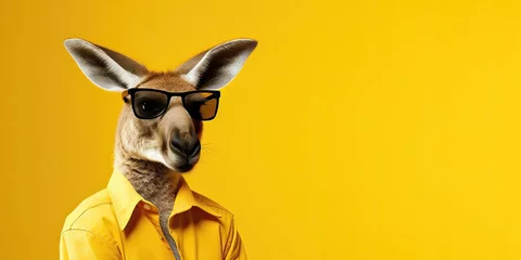 Fotobehang Kangaroo with black sunglasses on a yellow background. © AdriFerrer