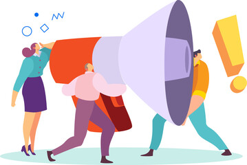 Two cartoon people carrying a giant megaphone together, teamwork concept in bold colors. Marketing team working on a loud announcement, collaboration in advertising project.