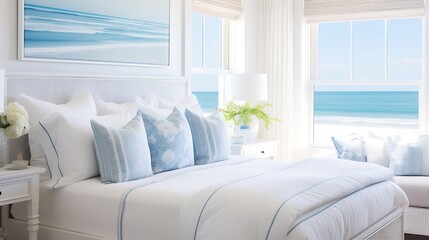 Coastal cottage bedroom with a serene white bed and beach-inspired decor