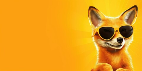 Fennec fox with sunglasses on a yellow background. - obrazy, fototapety, plakaty