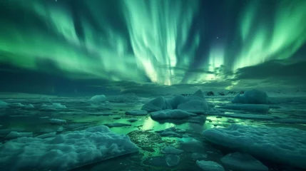 Papier Peint photo autocollant Aurores boréales The aurora lights shine brightly in the night sky over an ice floese and icebergs in the ocean, northern lights