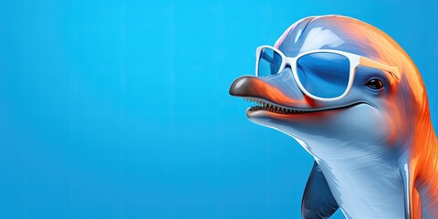 Dolphin with blue sunglasses on a blue background. - obrazy, fototapety, plakaty