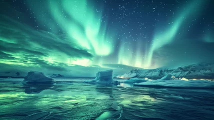 Foto op Canvas The aurora lights shine brightly in the night sky over an ice floese and icebergs in the ocean, northern lights © Nikodem