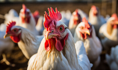 Close-up of a Flock of White Chickens with Bright Red Combs in a Farmyard