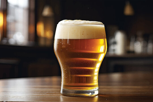 Close-up detail of a glass of beer with abundant creamy white foam
