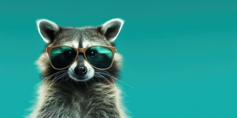 Fototapeta premium Raccoon with brown sunglasses on teal background.