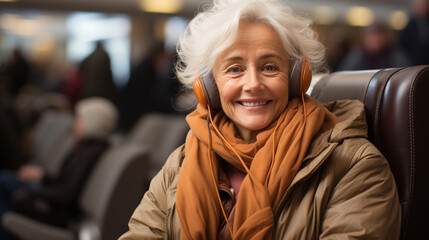 Passenger elderly woman of commercial airplane on their seats during flight,Travel concept
