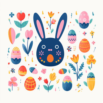 The magic of Easter, enchanted rabbit and colorful eggs. Image produced by artificial intelligence.