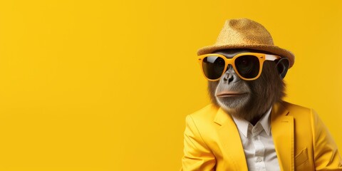 Monkey with yellow sunglasses and jacket on a yellow background.
