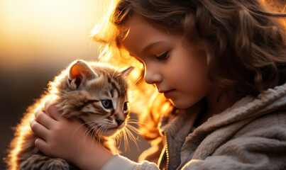 Tender Moment Between a Child and a Kitten as They Touch Noses in a Soft Sunset Light
