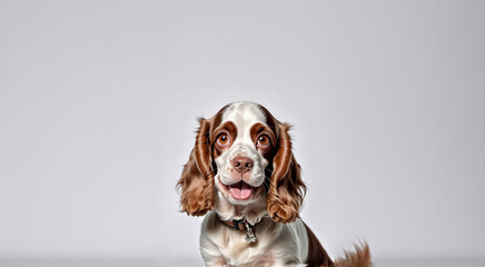 English cocker spaniel young dog posing. white and brown dog or pet playing happy, isolated