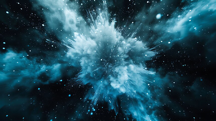  an explosion with blue and white particles on a black