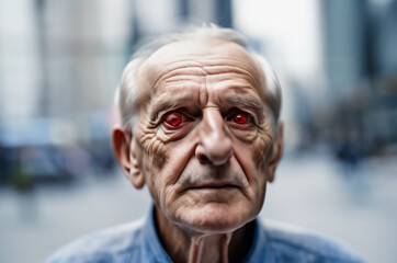 old man with inflamed eyes, conjunctivitis and insomnia suffers from sore eyes.