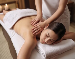 girl is lying on the massage table and enjoying an essential oil massage. The masseur's hand gently presses the girl's waist. The essential oil flows on the girl's skin