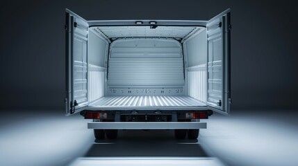 Huge, clean and empty car trunk in interior of compact truck. Rear view of a white truck car with open trunk. Generative AI - obrazy, fototapety, plakaty
