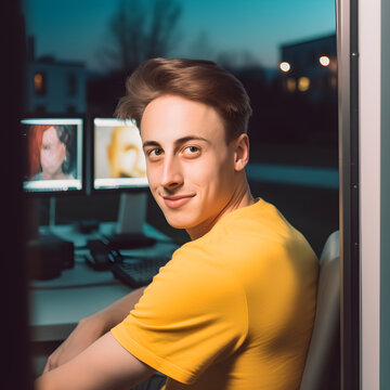 A man sitting alone in his room in front of many monitors