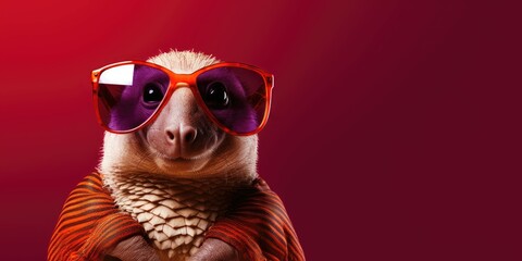 Obraz premium Pangolin with vibrant sunglasses and striped attire on a red background.