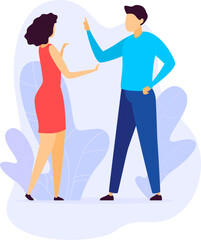 Young adult woman in red dress arguing with man in blue shirt, disagreement concept. Animated couple having heated discussion, communication issues illustration.