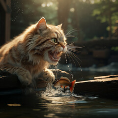 Illustration of a cat hunting a fish. Image produced by artificial intelligence.