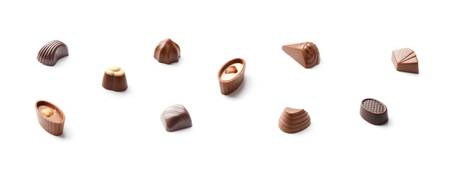 Set of praline chocolates on a white background, assorted sweets