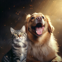 Illustration of cat and dog playing together. Image produced by artificial intelligence.