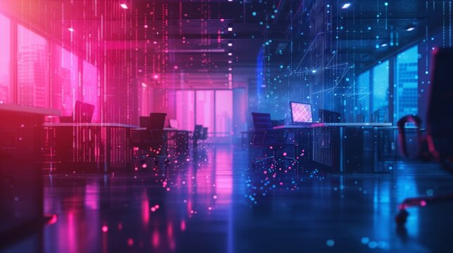 Modern neon cyan and magenta cyberpunk open space office interior blurred with information technology overlay. Corporate strategy for finance, cybersecurity. Tables with computers for work