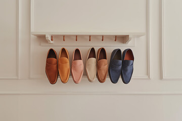  an inverted rack of and shoes on a white wall in - obrazy, fototapety, plakaty