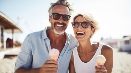 Middle age couple enjoying time on beach. Summer holiday happy man and woman