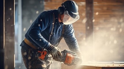 Professional workers are installed on the construction site by the handyman using a jackhammer, which is a concept shared by electricians and handymen.