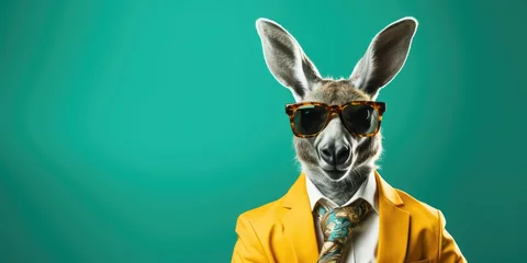 Poster Stylish kangaroo with sunglasses and a yellow jacket. © AdriFerrer