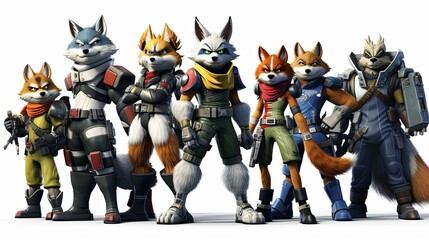 Adventurous Team of Star Fox: Fox McCloud, Falco, Slippy, Peppy, and Krystal in Action - obrazy, fototapety, plakaty