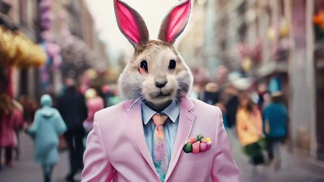 Easter Elegance: Dapper Bunny Strolling in a Pink Suit