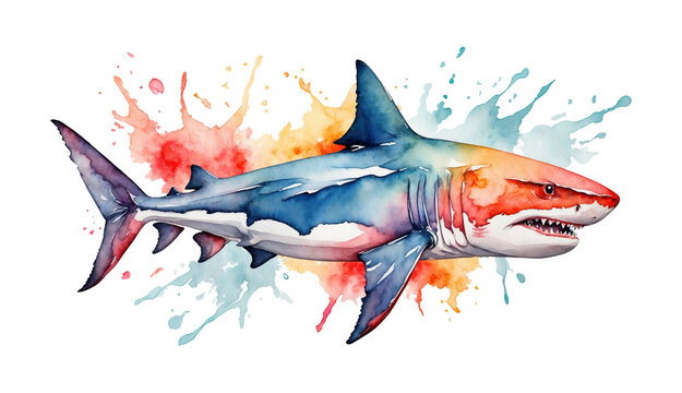 Abstract colorful watercolor shark. AI generated