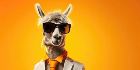 Gordijnen Llama with sunglasses and white suit on a yellow background. © AdriFerrer