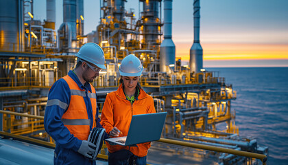 Oil engineers inspect Industrial safety system with laptop computer. They work an offshore oil platform, calm sea on the background