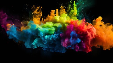 The surface of a dark black surface is the site of an explosion of colored powder - obrazy, fototapety, plakaty